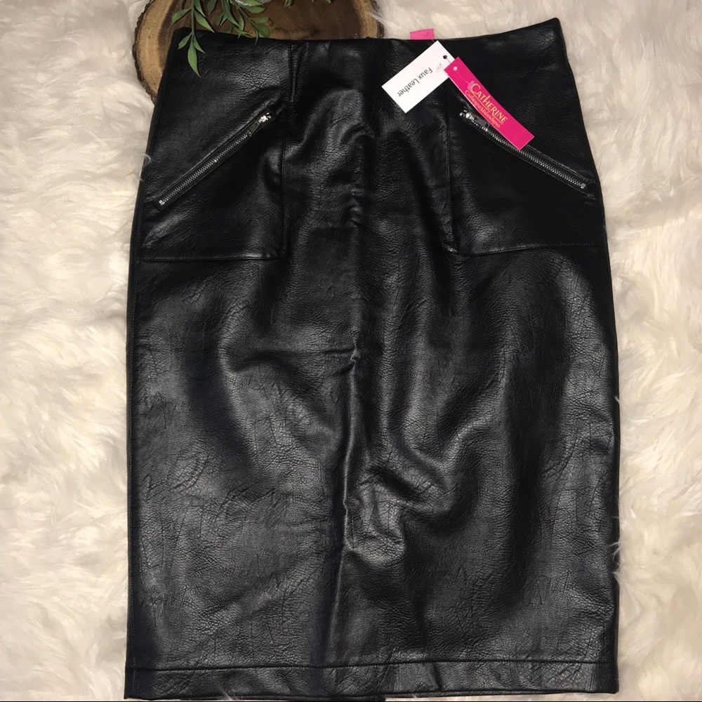 Catherine Malandrino Faux Leather Black Midi Penci Skirt